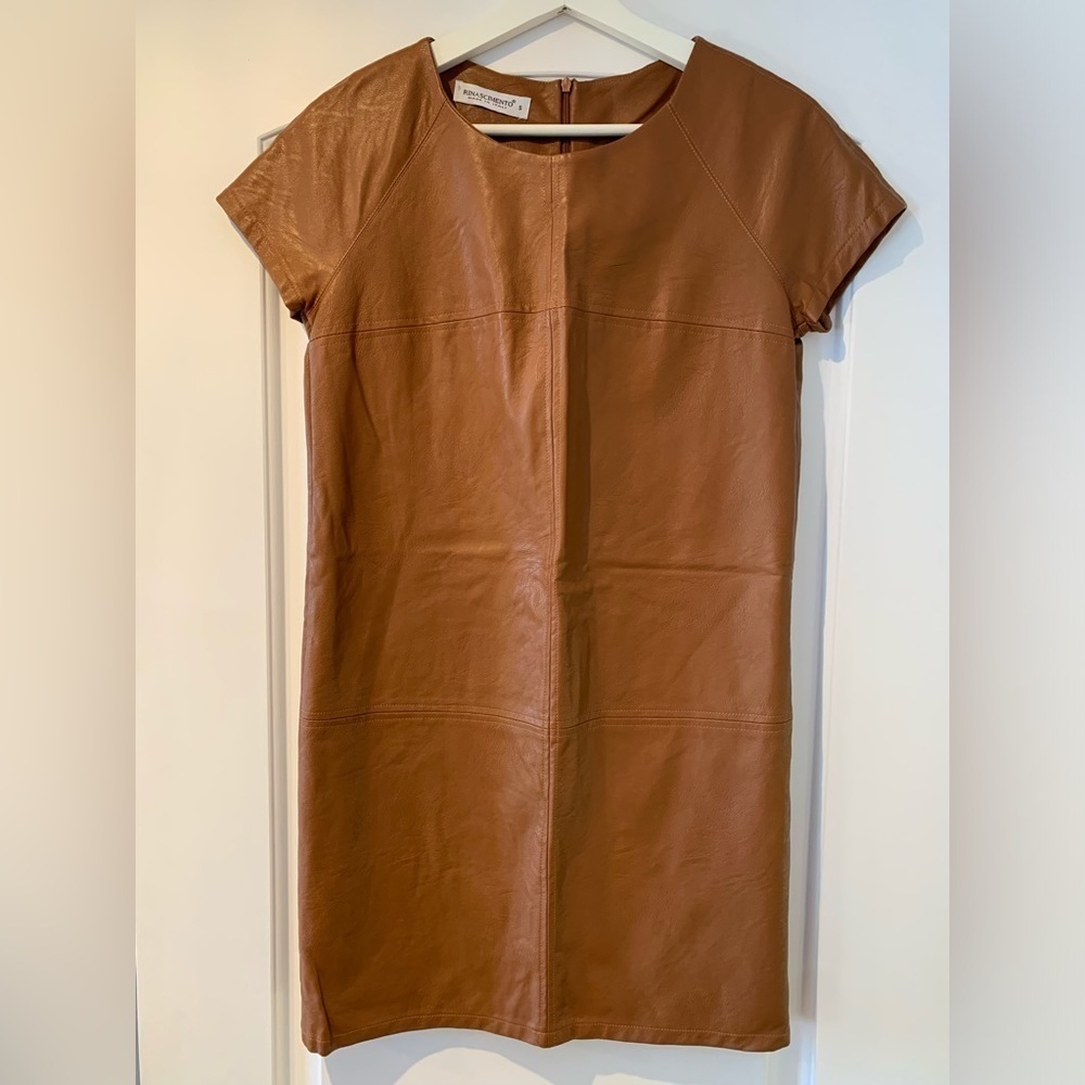 Rinascimento Dress Brown Tan Camel Fake Leather Short Sleeves Sz Small Cocktail